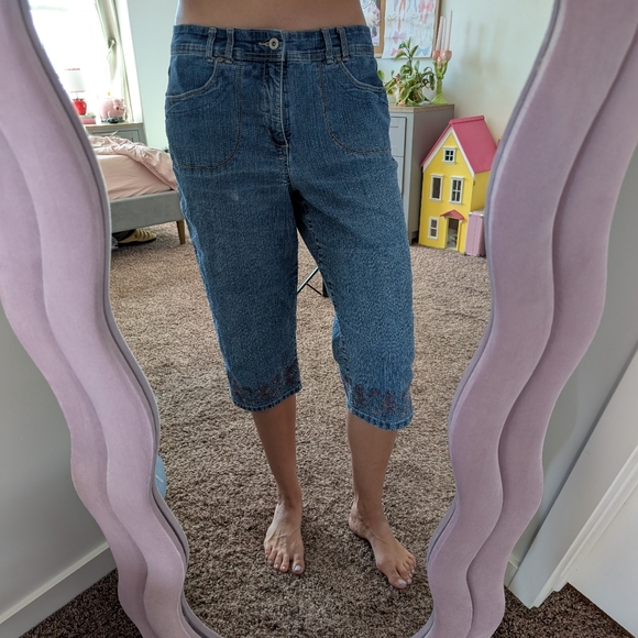 Embroidered Y2K Blue Cropped Jeans Size 14 - Picture 1 of 6